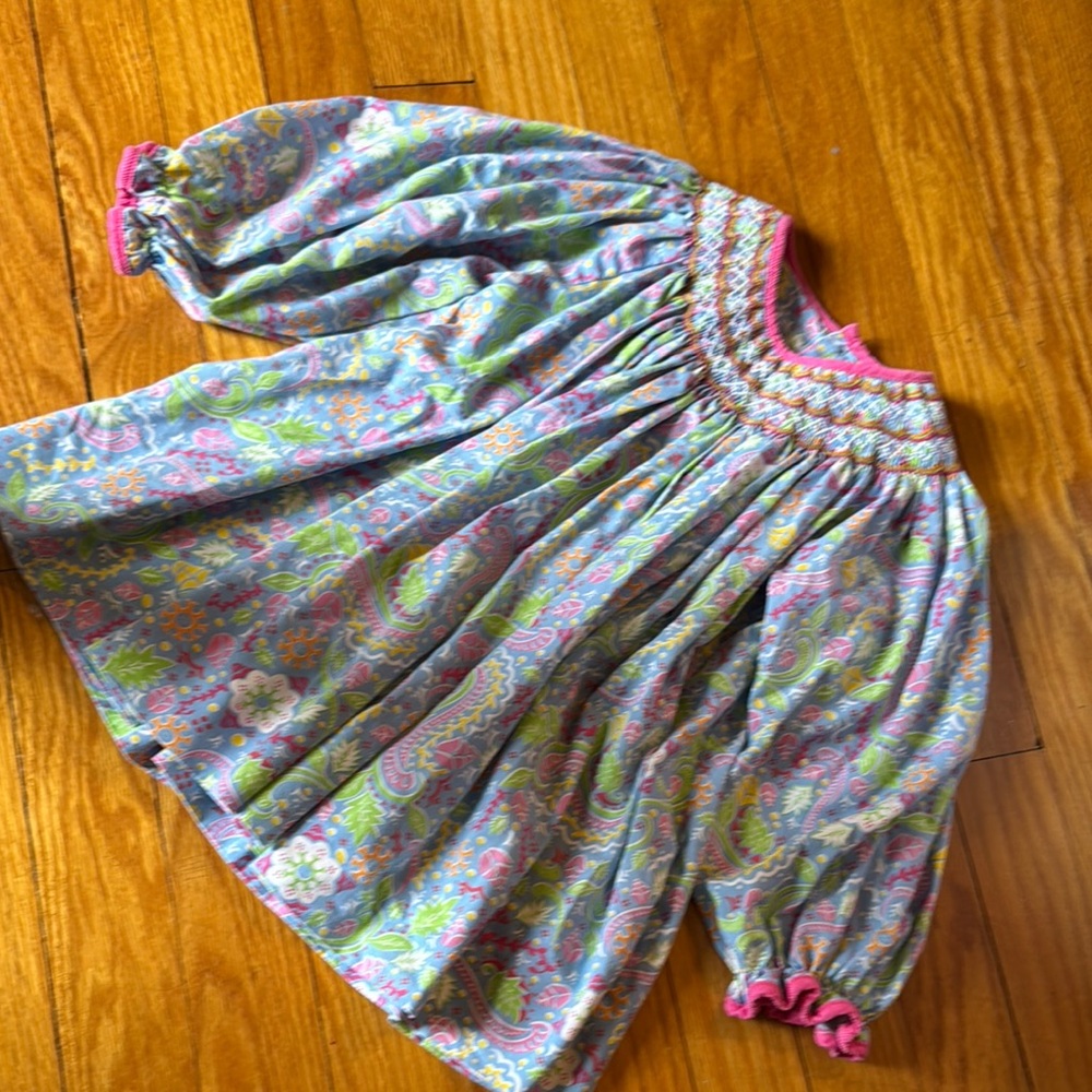 Petit Ami Pink and Green Smocked Dress with Bishop Sleeves